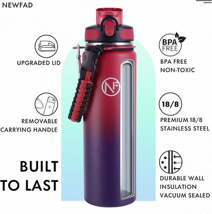 32 oz Insulated Water Bottle With Detachable Straw & Paracord Handle, Stainless Steel Thermos Water Bottle with Leakproof Lockable Lid, BPA-Free Sports Bottle (Rose Purple Gradient)