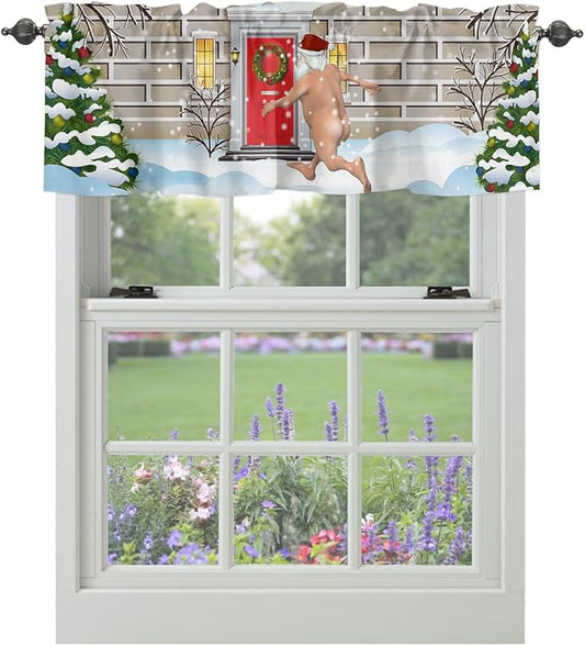 Christmas Farmhouse Kitchen Curtains Valances for Windows Funny Santa Claus Rod Pocket Window Treatment for Kitchen/Living Room/Bedroom/Bathroom,60" X 18" -1 Panel, Holly Xmas Tree