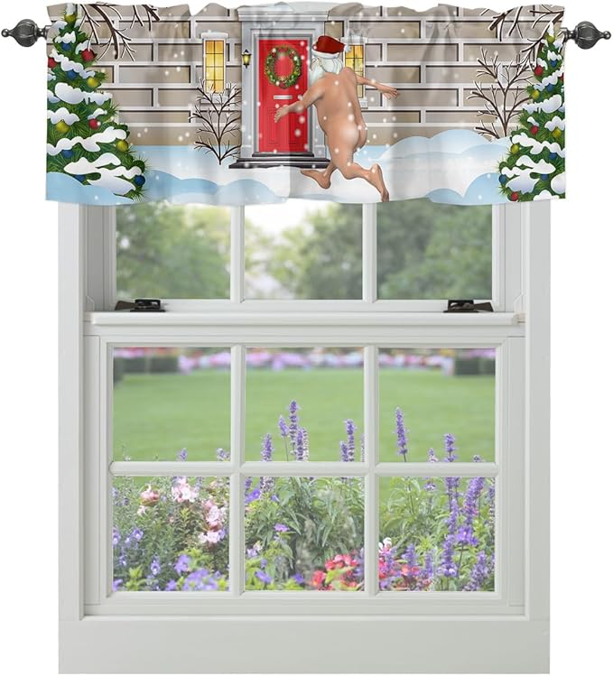 Christmas Farmhouse Kitchen Curtains Valances for Windows Funny Santa Claus Rod Pocket Window Treatment for Kitchen/Living Room/Bedroom/Bathroom,42" X 18" -1 Panel, Holly Xmas Tree