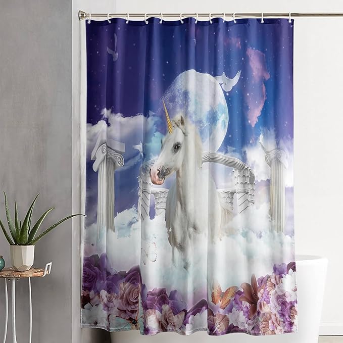 AILONEN Unicorn Shower Curtain, Holy Unicorn Theme Shower Curtain for Girls Teens Bathroom,3D Flower Butterfly Waterproof Fabric Shower Curtain Set,72" W*84" H