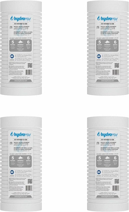 4.5 x 10 Inch Large Capacity Whole House Water Filter, NSF 42 Certified 5 Micron Sediment Filtration, Pack of 4