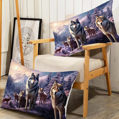 AILONEN Snow Wolf Fitted Sheet Set Twin XL Size, Winter Sunset Wildlife Wolf Bed Sheet Set for Boys Girls Adults,Safari Wolves Print Fitted Sheet with 2 Pillowcases,3 Pieces