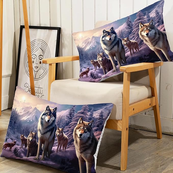 AILONEN Snow Wolf Fitted Sheet Set Queen Size, Winter Sunset Wildlife Wolf Bed Sheet Set for Boys Girls Adults,Safari Wolves Print Fitted Sheet with 2 Pillowcases,3 Pieces