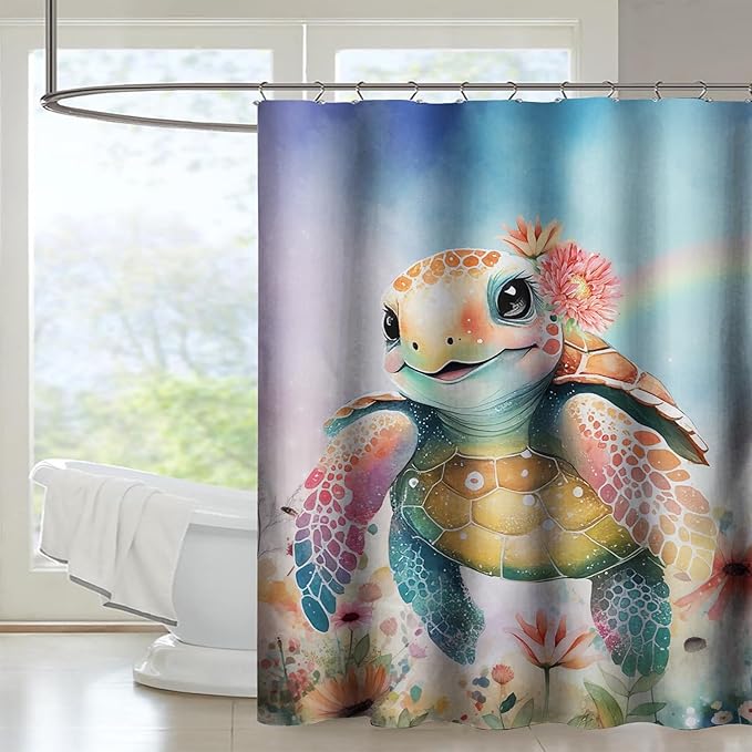 AILONEN Kawaii Sea Turtle Shower Curtain,Tie Die Ocean Animal Themed Bath Curtain Cloth Fabric Bathroom 48" W*72" H Inch,12 Pack Hooks for Kids Child Cute Watercolor Sea Animal Bathroom Curtain