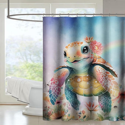 AILONEN Kawaii Sea Turtle Shower Curtain,Tie Die Ocean Animal Themed Bath Curtain Cloth Fabric Bathroom 48" W*72" H Inch,12 Pack Hooks for Kids Child Cute Watercolor Sea Animal Bathroom Curtain