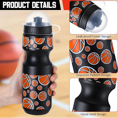 24 Pcs 24 oz Basketball Water Bottle Bulk and Drawstring Bag Set 12 Reusable Plastic Biking Water Bottle Tumbler 12 Sport Gym Goodie Gift Bag for Party Favor (Orange, Black)
