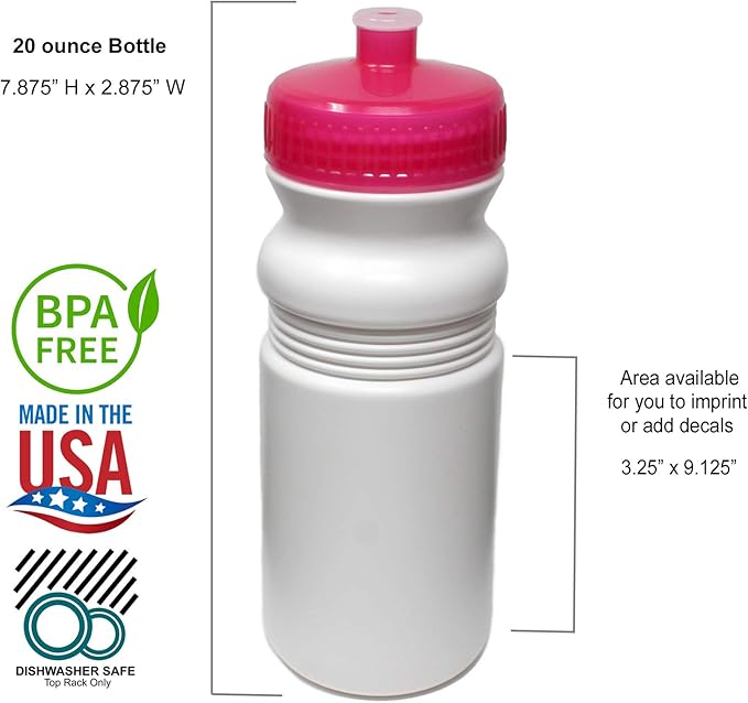 Rolling Sands 20 Ounce Sports Water Bottles 24 Pack, BPA-Free, Made in USA, Dishwasher Safe, White Bottles/Pink