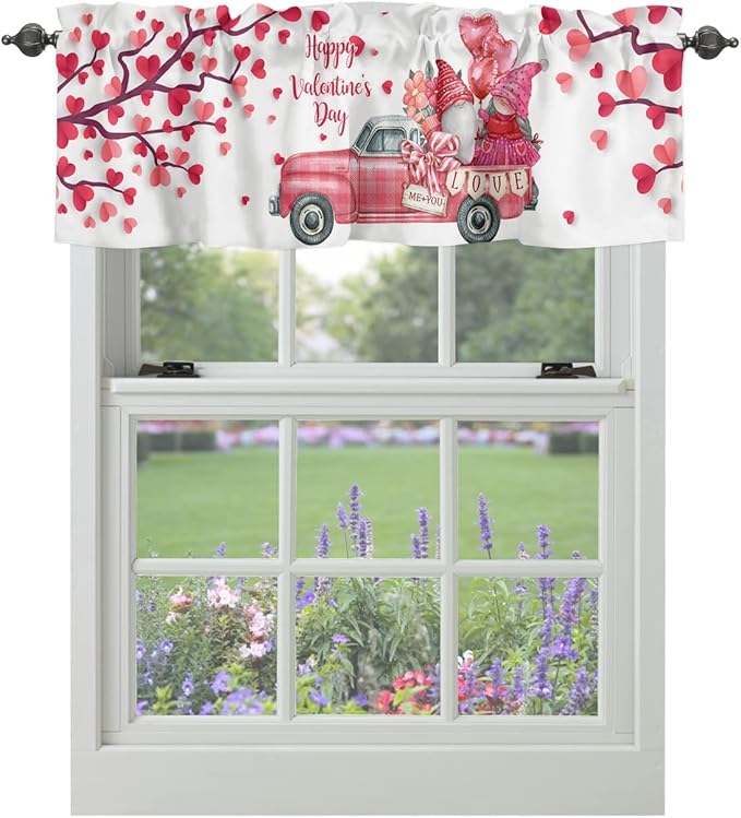 Happy Valentine's Day Valances Kitchen Curtains for Windows,Valentines Gnomes Farmhouse Trucks Rod Pocket Valances Pink Hearts Tree Decor Short Curtains for Bedroom/Living Room,54" X 18" -1 Panel