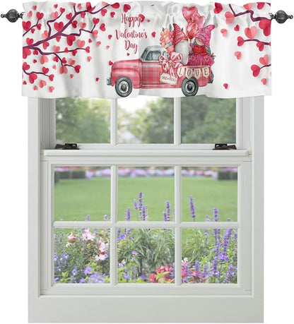 Happy Valentine's Day Valances Kitchen Curtains for Windows,Valentines Gnomes Farmhouse Trucks Rod Pocket Valances Pink Hearts Tree Decor Short Curtains for Bedroom/Living Room,54" X 18" -1 Panel