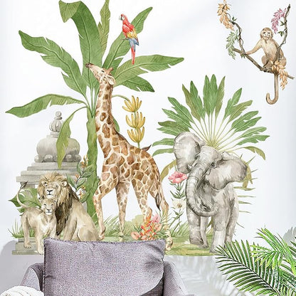 Large Jungle Animals Wall Decals Rainforest Giraffe Elephant Lion Wall Stickers Wild Animal Wall Stickers Peel and Stick for Kids Room Playroom Decor