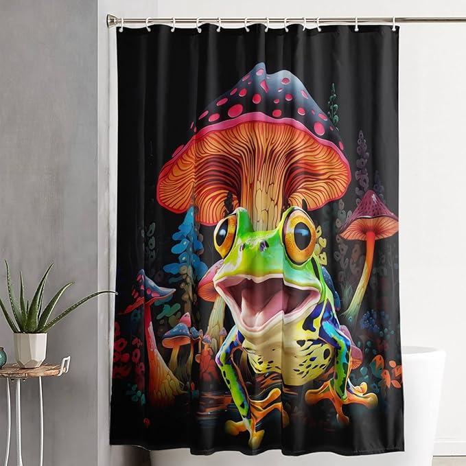 AILONEN Cartoon Tree Frog Shower Curtain,Magic Mushroom Shower Curtain Set for Bathroom for Kids Girls,Boho Style Waterproof Bath Curtain,Tropical Amphibian Bathroom Curtain with Hooks, 72" W*78" H