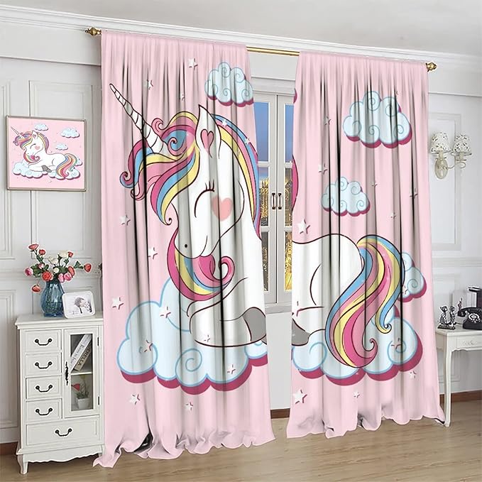 Unicorn Curtain for Kids Bedroom,Pink Cartoon Rainbow Darkening Curtains Decor Sliding Curtains Decorative Curtains for Girls Boys Baby Room,Living Room Decoration 55x63inch