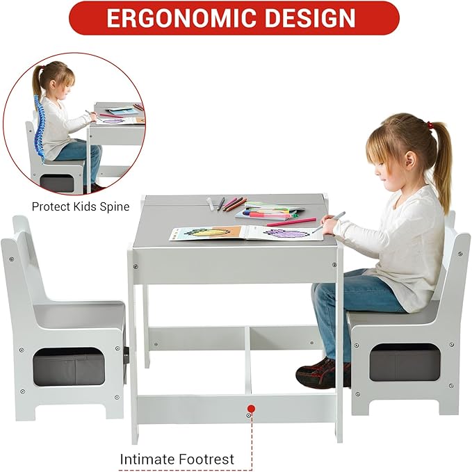 4-in-1 Kids Activity Table Set, Kids Table and Chair Set with/Storage, Removable Tabletop, Chalkboard, 3-Piece Toddler Furniture Set for Art, Crafts, Drawing, Reading, Playroom