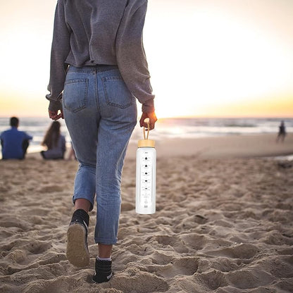 32 Oz Borosilicate Glass Water Bottle with Times to Drink | BPA Free - Reusable Wide Mouth Glass Motivational Water Bottles with Infuser & Silicone Sleeve (white)