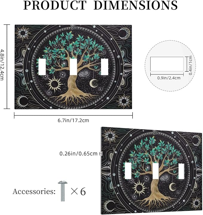 Tree of Life Blackground 3 Gang Light Switch Plate Decorative Hippie Sun Moon Star Triple Toggle Wall Plate Cover Electrical Faceplate Switchcover for Bathroom Bedroom Livingroom Art Panel Decor