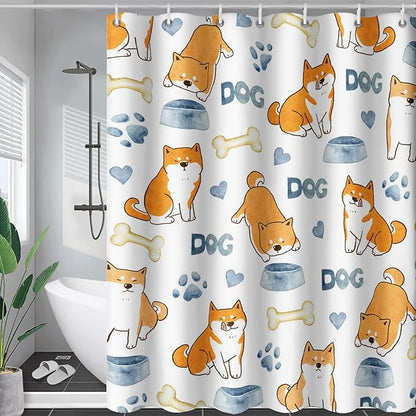 AILONEN Cute Dog Shower Curtain, Cartoon Shiba Inu Dog Bath Curtain,Pet Dog Paw Print Dog Lover Minimalist White Waterproof Curtain with 12 Plastic Hooks(60" W*72" H)