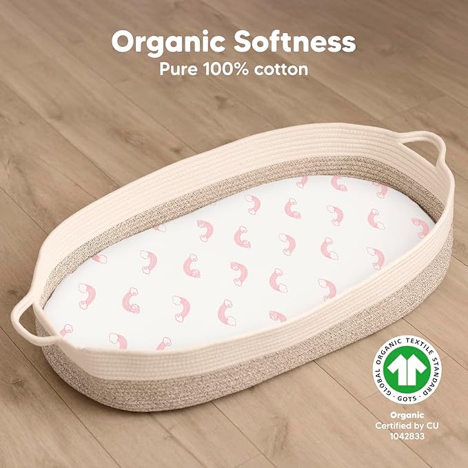 2-Pack Organic Bassinet Sheets for Girls, Boys - 100% Cotton Bassinet Mattress Sheets Compatible with Halo Bassinest Swivel Sleeper, Graco,Baby Delight,Chicco,Unisex Fitted Bassinet Sheets (Dreamland)