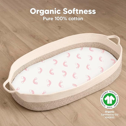 2-Pack Organic Bassinet Sheets for Girls, Boys - 100% Cotton Bassinet Mattress Sheets Compatible with Halo Bassinest Swivel Sleeper, Graco,Baby Delight,Chicco,Unisex Fitted Bassinet Sheets (Dreamland)