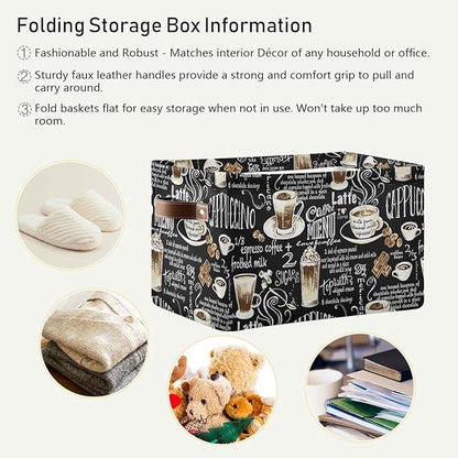 Wamika Black Coffee Beans Storage Basket Fabric Laundry Baskets Cappuccino Latte Chocolate Cocoa Storage Boxes Organizer Bag for Baby Cloth Dog Toy Book Storage Cubes Shelf Closet Bins 16x12x8 Inches
