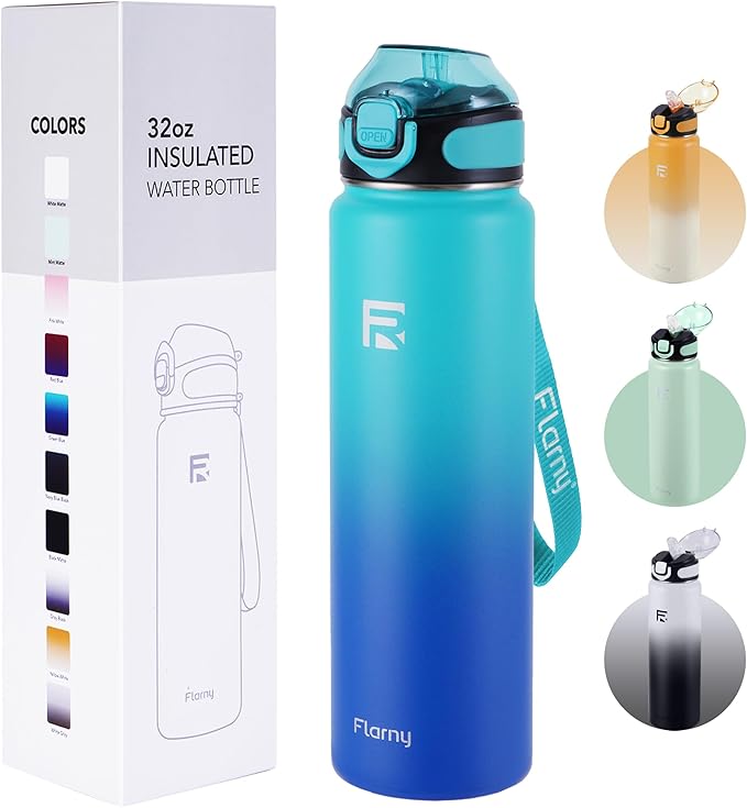 32 oz Insulated Water Bottle with Straw, Stainless Steel Metal Thermos Bottles, Durable Non-Slip Gradient Bottle with Strap for Sports and Travel, Leak Proof (Green Blue)