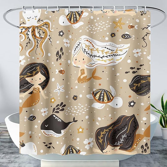 AILONEN Mermaid Shower Curtain,Octopus Whale Retro Mermaid Bath Curtain,Ocean Beach Polyester Waterproof for Bathroom,60" W*72" H with 12 Plastic Hooks