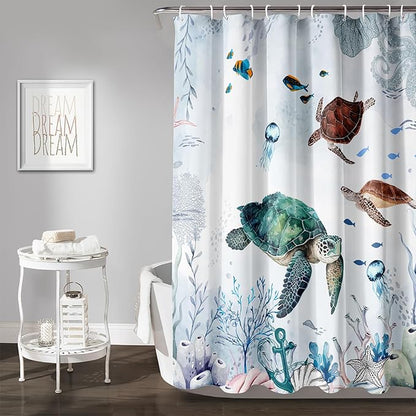 AILONEN Cartoon Sea Turtle Shower Curtain Set, Blue Ocean Animals Waterproof Fabric Shower Curtain,Gouache Anchor Nautical Theme Shower Curtain Liner for Bathroom with Hooks,36" Wx72 H