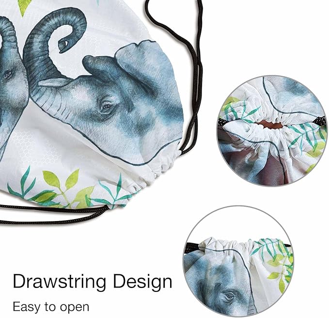 Elephants Drawstring Bags Sports Bag Two Elephants Of Mother and with Branch Draw String Back Bag Men Women Adults 14x16.9 Inch
