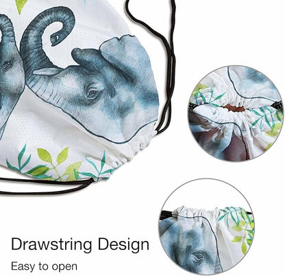 Elephants Drawstring Bags Sports Bag Two Elephants Of Mother and with Branch Draw String Back Bag Men Women Adults 14x16.9 Inch