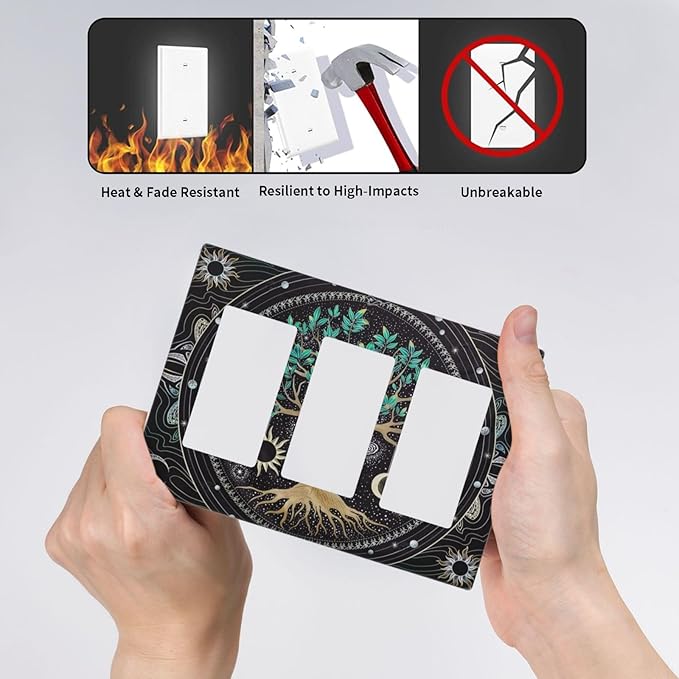 Tree of Life Blackground 3 Gang Rocker Light Switch Plate Hippie Sun Moon Star Triple Decora Outlet Wall Plate Cover Faceplate Decorative Switchcovers GFCI for Bathroom Bedroom Living Room Decorate