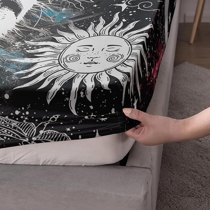 AILONEN Lion Print Full Size Fitted Sheet Set for Boys, Sun and Moon Bed Sheet Cover Set Full,3 Pieces Black and White Sheet Set Full Galaxy Lion Fitted Sheet with 2 Pillowcases