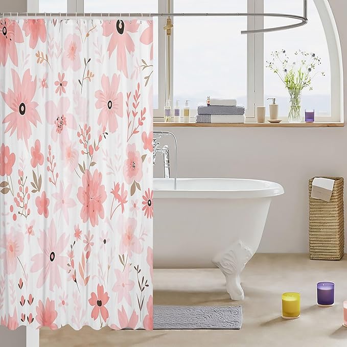 Feelyou Pink Flower Fabric Shower Curtain Floral Flower Shower Curtain for Boys Girls Flower Botanical Bathroom Waterproof Accessories with 12 Hooks Nature Plants Curtains,72x72 Inches