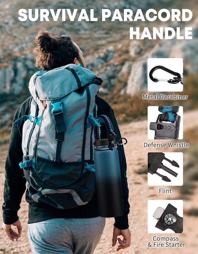 40 oz Insulated Water Bottle with Straw - Flex Cap Lids, Paracord Handle, Bottle Carrier Bag w/Strap, Vacuum Stainless Steel Water Bottles, Double Wall Flask Metal Water Flask Jug