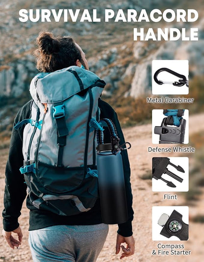 40 oz Insulated Water Bottle with Straw - Flex Cap Lids, Paracord Handle, Bottle Carrier Bag w/Strap, Vacuum Stainless Steel Water Bottles, Double Wall Flask Metal Water Flask Jug