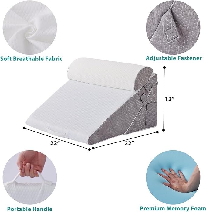3Pcs Orthopedic Bed Wedge Pillow Set, Foam Wedge Pillow Post Surgery for Back, Leg and Knee Support, Adjustable 9&12 Inch Folding Triangle Pillow for Sleeping, Acid Reflux, Snoring, White/Grey