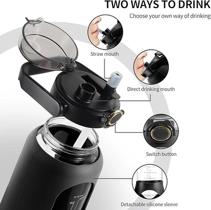 64oz Glass Water Bottle with Straw and Handle - Half Gallon Motivational Water Jug with Time Marker and Silicone Sleeve, Leak proof Wide Mouth Water Flask for Gym, Sports, and Daily Use (Black)