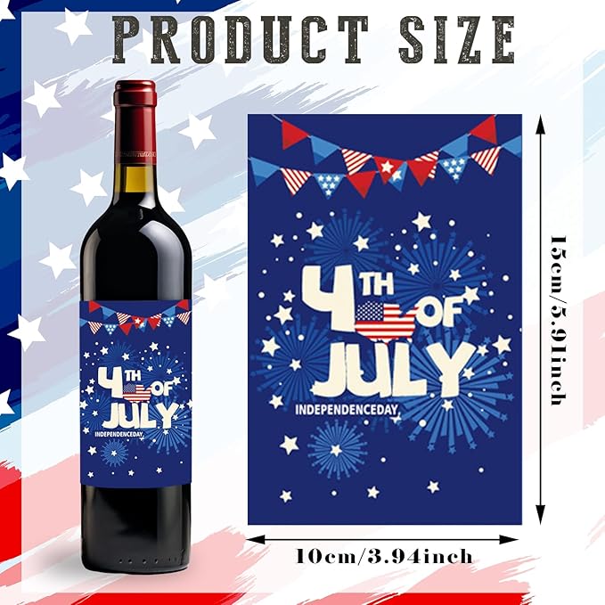 8 Pieces 4th of July Wine Bottle Labels American Patriotic Wine Bottle Stickers Red Blue Stars and Stripes Wine Bottle Cover Decorations for Memorial Day July 4th Party Supplies