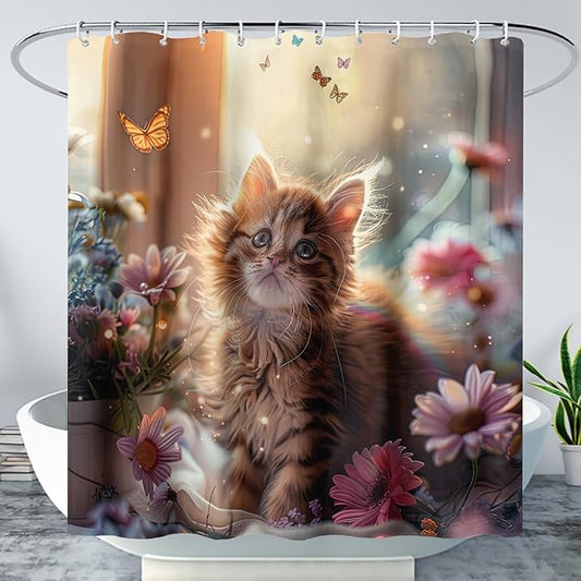AILONEN Kawaii Cat Shower Curtain Set, Beautiful Kitty with Butterfly Waterproof Fabric Shower Curtain for Kids Boys,Cat Lovers Animal Design Shower Curtain for Bathroom,72" W*72" H