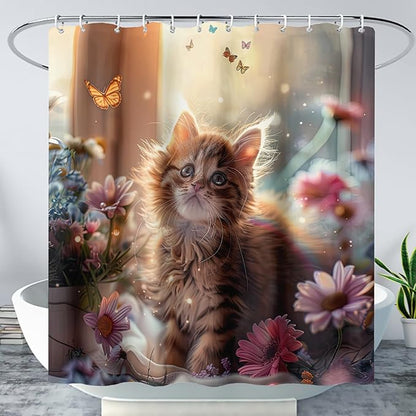 AILONEN Kawaii Cat Shower Curtain Set, Beautiful Kitty with Butterfly Waterproof Fabric Shower Curtain for Kids Boys,Cat Lovers Animal Design Shower Curtain for Bathroom,72" W*78" H