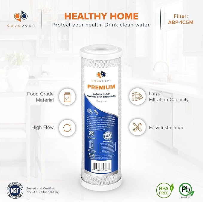 Aquaboon 5 Micron Water Filter 10 x 2.5 - Premium Carbon Block Water Filter - Carbon Water Filter Cartridges - Whole House Water Filter Cartridge Replacement Compatible with FXWTC, WFPFC8002, 3 Pack