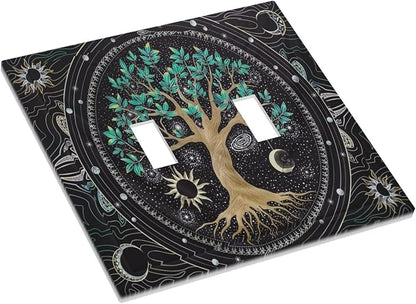 Tree of Life Blackground Double Toggle Light Switch Cover Decorative Hippie Sun Moon Star 2 Gang Wall Plate Electrical Faceplate Switchplate Art Panel for Bathroom Bedroom Living Room Decor