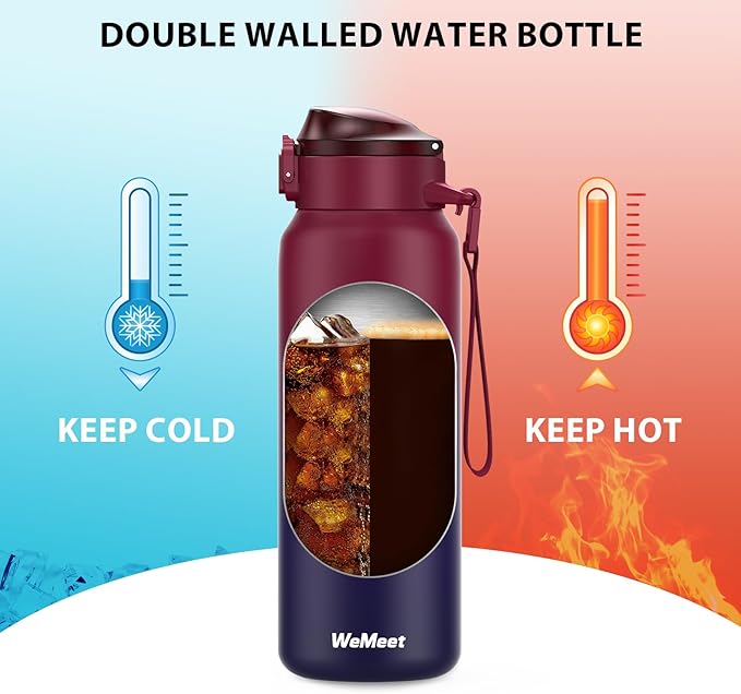 32oz Water Bottle with Removable Straw and Spout Lid Two Ways to Drink, 18/10 Stainless Steel Insulated Water Bottle, BPA-Free, Leak Proof, Double wall, for Sports, Gym