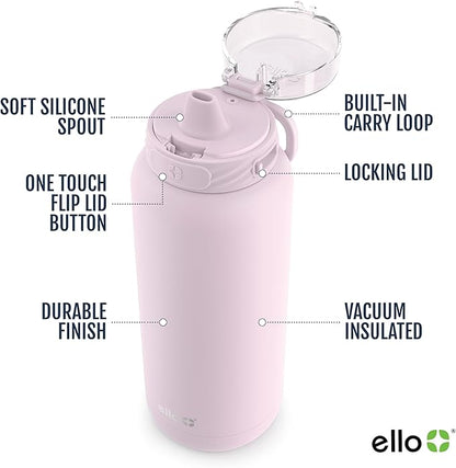 Ello Cooper Vacuum Insulated Stainless Steel Water Bottle with Soft Straw and Carry Loop, Double Walled, Leak Proof, Cashmere Pink, 32oz