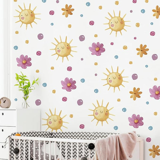 Watercolor Boho Smiling Sun Wall Decals Removable DIY Colorful Flowers Wall Decal Peel and Stick Dewdrops Wall Stickers Wall Art for Baby Nursery Bedroom Living Room Playroom Decor