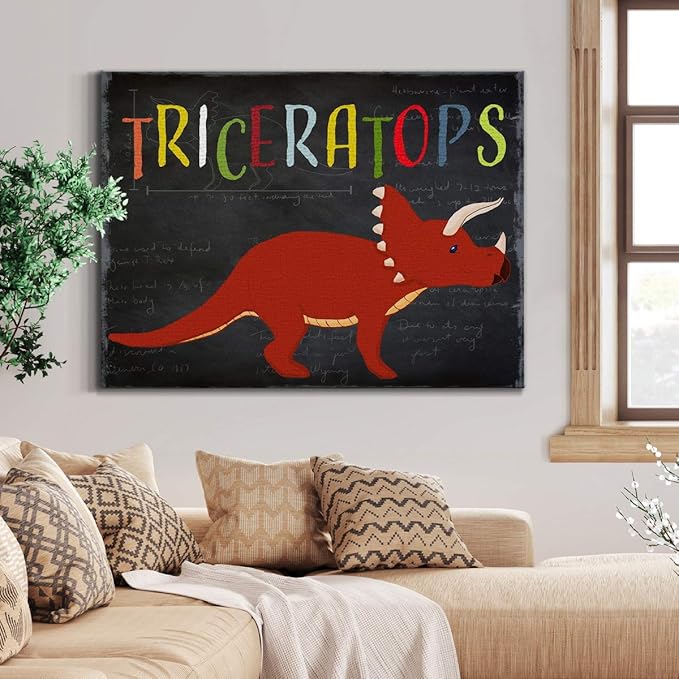 Renditions Gallery Canvas Animal Wall Art Modern Decorations Paintings Colorful Playful Triceratops Vibrant Dinosaur Canvas Wall Hanging Artwork for Kids Bedroom Nursery - 32"x48" LT33