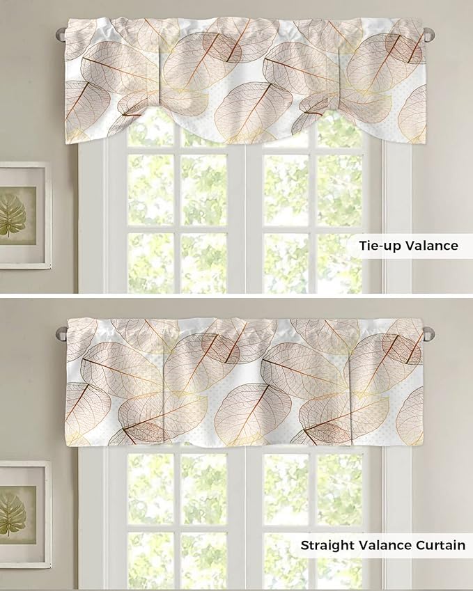 Tie Up Valance for Kitchen Living Room Farmhouse - Leaf Specimen Rod Pocket Adjustable Tie-up Shade Valance for Small Window, Window Valance Balloon Drape for Bathroom 42x12 inches
