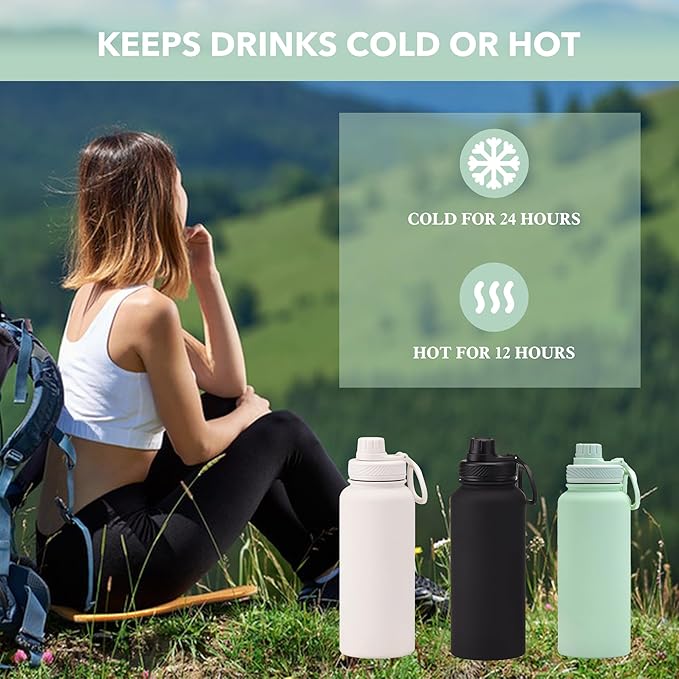 White 32 OZ Insulated Water Bottle, Cream Large Metal Insulated Stainless Steel Water Flask, Big Sports Travel Water Bottle with 2 Lids, Insulated Thermos Thermal Mug Cup