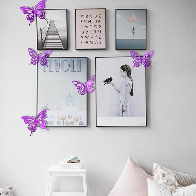 72Pcs 3D Butterfly Wall Decor 3 Sizes 3 Styles, Butterfly Decorations Party Birthday Cake Decoration, Removable Butterfly Wall Stickers for Kids Nursery Wedding Bedroom Room Decor(Purple)