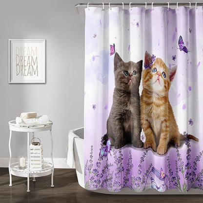 AILONEN Cartoon Cat Shower Curtain, Kawaii Kittens with Purple Flower Shower Curtain for Kids Girls Boys Bathroom Decor,Cute Pet Cat Lover Waterproof Shower Curtains Sets with Hooks,48" W*72" H