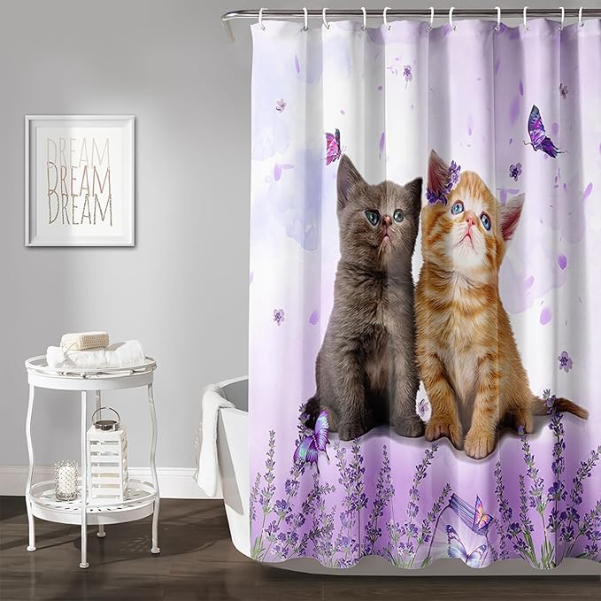AILONEN Cartoon Cat Shower Curtain, Kawaii Kittens with Purple Flower Shower Curtain for Kids Girls Boys Bathroom Decor,Cute Pet Cat Lover Waterproof Shower Curtains Sets with Hooks,72" W*96" H