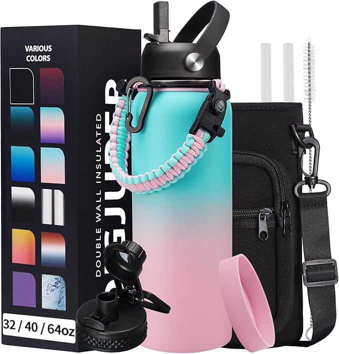 40 oz Insulated Water Bottle - Stainless Steel Water Bottles with Straw & Spout Lids, Paracord Handle, Carrier Bag with Strap, Protective Cup Mat, Keep Cold-48H & Hot-12H Metal Water Flask